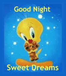 a cartoon character holding a teddy bear with the words good night sweet dreams on it