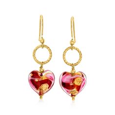 Italian Red and Pink Murano Glass Heart Drop Earrings in 18kt Gold Over Sterling | Ross-Simons Pink Coloring, Murano Glass Earrings, Lampwork Jewelry, Murano Glass Jewelry, Sterling Silver Heart Necklace, Sterling Silver Bangle Bracelets, Beaded Drop Earrings, Heart Drop Earrings, Bangle Bracelets With Charms