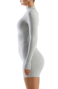 Start your look off right with this thong bodysuit that fits like a second skin and is shaped with a high neckline and extra-long sleeves. Exclusive retailer Snap closure Funnel neck Long sleeves Lined 95% viscose, 5% spandex Hand wash, line dry Made in the USA or imported Women's Clothing Naked Wardrobe, Extra Long Sleeves, Funnel Neck, High Neckline, Second Skin, Funnel, Extra Long, Snap Closure, Heather Grey