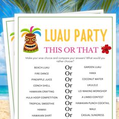 a luau party game is shown on the beach with palm trees in the background