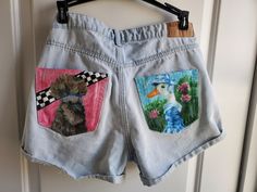 He was a skater boi she said cya later boi. These are upcycled painted denim H&M midrise shorts featuring back pocket paintings of a punk rock silky chicken and a formally dressed duck. The shorts are not for daily wear, more of a fashion piece. The painting is done in acrylic mixed with fabric medium. When washing turn shorts inside out to best preserve pocket designs. Fitted Jean Shorts With Pockets For Spring, Spring Fitted Jean Shorts With Pockets, Casual Upcycled Bottoms For Spring, Summer Upcycled Denim Bottoms, Upcycled Denim Bottoms For Summer, Skater Boi, Hippie Music, Arts And Crafts For Teens, Bootleg Jeans