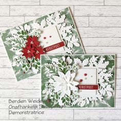 two christmas cards with poinsettis on them and the words, berdann wed