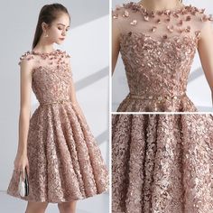 Chic / Beautiful Champagne Homecoming Graduation Dresses 2017 A-Line / Princess Scoop Neck Sleeveless Appliques Flower Metal Sash Short Pierced Formal Dresses Quinceañeras Dress, Coctail Dresses, Pink Homecoming Dress, Affordable Prom Dresses, Graduation Dresses, Wedding Elegant, Eve Dresses, Pearl Pink, Silver Lace