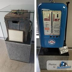 two pictures side by side, one with an old radio and the other has a plaque on it