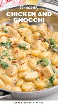 creamy chicken and gnocchini in a skillet with a spoon on the side