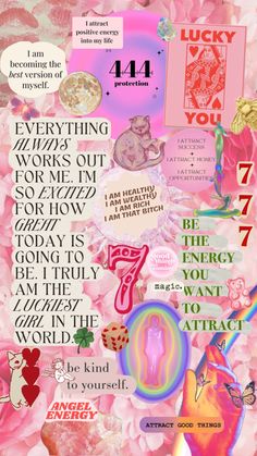 a collage with pink flowers and various stickers on it's side, including the words