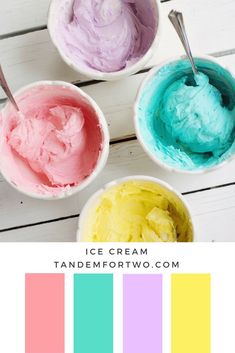 three bowls filled with different colored ice cream