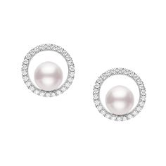 The earrings are crafted from 18k White Gold and feature Akoya Pearls and Diamonds, with a total carat weight of 0.26. This exquisite piece is part of the Circle Collection. Mikimoto Jewelry, Bubble Earrings, Earrings With Diamonds, Mikimoto Pearls, Pearl And Diamond Earrings, Pearl Earring, White Gold Earrings, Pearl Set, Akoya Pearls