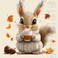 a painting of a squirrel holding a cup of coffee with autumn leaves around it and falling from the sky