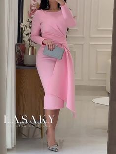 Lasaky - Elegant Midi Dress with Crew Neck and Long Sleeves in Classic Regular Fit Elegant Midi Dress, Elegant Wedding Guest Dress, Minimalist Wedding Dresses, Elegant Coats, Elegant Midi Dresses, Plain Dress, Classy Dress Outfits, Turtle Neck Dress, Daily Dress