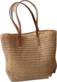 Casual Natural Woven Leather Bag, Casual Natural Bag With Woven Leather, Casual Natural Bag With Woven Leather Details, Adjustable Strap Beach Bag Made Of Natural Fiber, Spring Vacation Straw Bag With Woven Leather, Casual Brown Braided Beach Bag, Casual Braided Straw Shoulder Bag, Casual Woven Jute Bag, Casual Braided Straw Bag For Travel