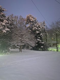 a person riding skis down a snow covered slope next to trees and power lines