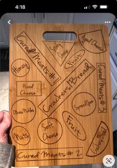 a wooden cutting board with some writing on it