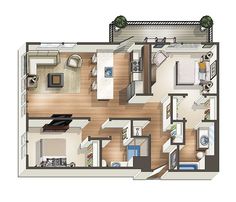 the floor plan of a two bedroom, one bath apartment with an attached kitchen and living room