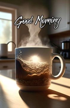 a coffee cup sitting on top of a wooden table next to a window with the words good morning above it