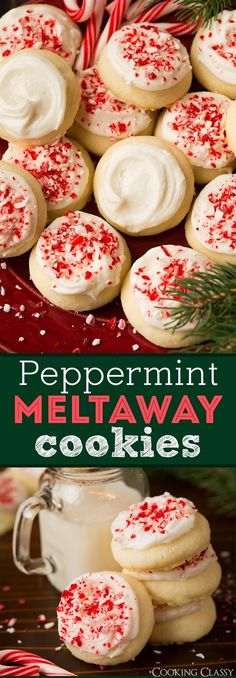 peppermint meltaway cookies with white frosting and red sprinkles