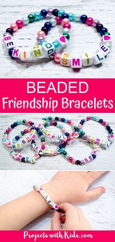 beaded bracelets for kids with the words beaded on them and handwritten letters