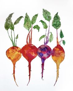 three radishes with green leaves on them are painted in different colors and shapes