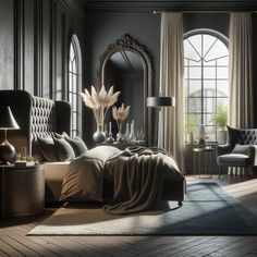 Opulent, modern bedroom with dark antique vibe. Tufted wingback bed, muted pillows, chic throw blanket. Arched mirror on grey wall. French windows, sisal rug in steel-cobalt tones. Arch Behind Bed, Bedroom Ideas Antique, Bedroom Cozy Aesthetic, Bed With Fabric Headboard, Antique Aesthetic, Wingback Bed, Aesthetic Room Ideas