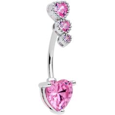 Pink CZ Gem Triple Heart Drop Heart Valentines Day Belly Ring This heart is going to make you fall in love with your navel piercing with this 14 gauge navel ring! It's made with a 3/8" durable 316L surgical grade stainless steel curved barbell. The top features a trio of heart-shaped pink cubic zirconia gems, set vertically. The bottom end features a matching heart charm, entirely composed of a single pink cubic zirconia gem for a luxe and cohesive appearance. Triple your style with this fashion Pink Heart Belly Rings For Valentine's Day, Pink Heart-shaped Belly Rings For Gift, Heart-shaped Pink Belly Rings For Gift, Pink Heart-shaped Body Jewelry For Valentine's Day, Pink Heart Shaped Body Jewelry For Gift, Pink Heart-shaped Body Jewelry For Gift, Pink Heart Body Jewelry For Gift, Pink Body Jewelry For Valentine's Day Gift, Pink Belly Rings For Wedding