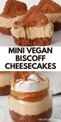 mini vegan biscoff cheesecakes in a jar with the title above it