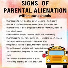 a school bus with the words signs of parental alienation within our schools