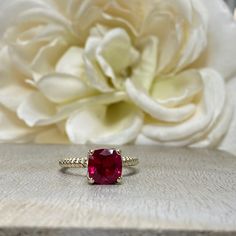 🐕 Big deals! Cushion Cut Engagement Ring / Red Ruby Wedding Solitaire / Tulip Head Ladies Solitaire / 14k Yellow Gold / #6216 only at $455.00 Hurry. #RubyRing #WeddingRing #BirthdayGift #AnniversaryGift #CushionCutRing #BridalGift #EngagementRing #JulyBirthstone #LadiesRing #TulipHeadRing Cushion Cut Engagement, Ruby Wedding, Cushion Cut Ring, Cushion Cut Engagement Ring, Head Ring, Lab Created Emerald, Ruby Stone, July Birthstone, Red Ruby