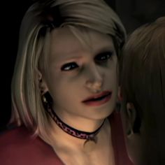 an animated image of a woman with blonde hair and blue eyes looking into another woman's face