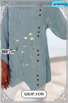 Loose Floral Casual Long Sleeve Top Spring Crew Neck Blouse With Buttons, Casual Tunics, Floral Sleeve, Long Sleeve Tops Casual, Spring Colors, New Shop, Tunics, Long Sleeve Top, Long Sleeve Tops