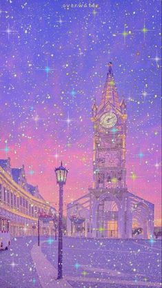 a painting of a clock tower in the middle of a city at night with stars all over it