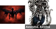 an image of a demon standing in front of a red background with the words aeshaa, aesma