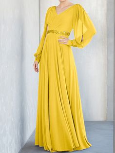 Marigold Long Sleeves Dress, Ditsy Floral Dress, Beaded Chiffon, Sophisticated Dress, Sleeves Dress, Chiffon Material, Mother Of The Bride Dress, Bride Dresses, Gold Dress