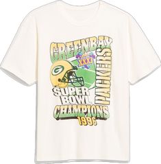 the green bay packers super bowl champs 1994 t - shirt is white and has an image of a football helmet on it