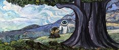 a painting of two people sitting under a tree with an eyeball in the middle