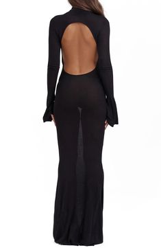 HOUSE OF CB Sancha Open Back Long Sleeve Semisheer Body-Con Maxi Dress | Nordstrom House Of Bc Dress, Backless Clothes, Vacay Clothes, Backless Long Sleeve Dress, Backless Black Dress, Black Dress Women, Clothing Pattern Design, Black Backless Dress, Knit Maxi Dress