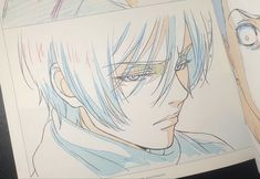 two drawings of an anime character with blue hair and white eyes, one is looking at the camera