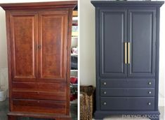 before and after pictures of an old armoire painted dark blue with gold hardware on the doors