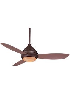 a ceiling fan that is brown with a light on it and two blades in the middle