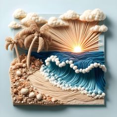 an art piece made out of paper with waves and palm trees on the beach at sunset