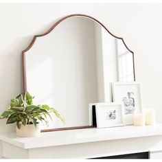 a mirror sitting on top of a white mantle next to a potted plant