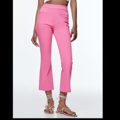 Zara Mini Flare Pants Pink Ankle-length Pants With Pockets, Pink Stretch Ankle-length Bottoms, Chic Pink Straight Leg Pants, Stretch Pink Ankle-length Bottoms, High Waist Pink Bottoms For Spring, High-waist Pink Bottoms For Spring, Fitted Pink Pants For Workwear, Pink Ankle-length Summer Pants, Pink Stretch Bottoms For Work