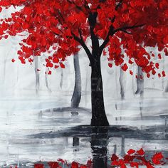 an acrylic painting of a tree with red leaves