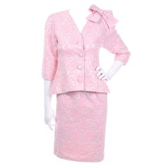 Guy Laroche Boutique Paris Vintage Pink Skirt Suit With Bow | From a unique collection of rare vintage Skirt Suits at https://www.1stdibs.com/fashion/clothing/suits-outfits-ensembles/skirt-suit/. Elegant Spring Daywear Sets, Elegant Daywear Sets For Spring, Spring Pink Skirt Suit For Party, Fitted Feminine Daywear Sets, Pink Skirt Suit For Formal Spring Occasions, Feminine Fitted Skirt Suit For Spring, Pink Formal Sets For Spring, Elegant Pink Skirt Suit For Party, Elegant Pink Evening Set