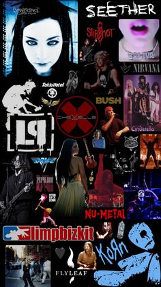 a collage of various images with the names of different bands and logos on them