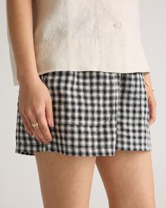 These cute and comfy linen shorts are a summer staple in our wardrobes. Easy to wear for that laidback aesthetic, with a drawstring waist and pockets. Our linen is made from 100% European flax, which is more sustainable and less resource-intensive to grow. Linen is the ultimate temperature-proof fabric because it's breathable and naturally heat-regulating.  | Quince | Women's 100% European Linen Shorts in Khaki / Black Gingham, Size Medium Gingham Bottoms With Pockets For Summer, Summer Gingham Bottoms With Pockets, Summer Bottoms With Pockets For Picnic, Summer Picnic Bottoms With Pockets, Gingham Bottoms With Pockets In Short Shape, Gingham Bottoms With Pockets, Short Style, Gingham Short Bottoms With Pockets, Gingham Bottoms With Pockets, Cotton Gingham Shorts For Day Out