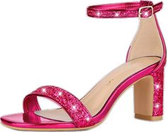 Holiday Glitter Accent Heels, Holiday Heels With Glitter Accents, Glitter Accented Sandals For Prom, Glitter Accents Sandals For Prom, Ankle Strap Chunky Heels, Square Toe Sandals, Open Toe Shoes, Chunky Heels, Block Heels