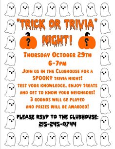 a halloween party flyer for trick or trivia night with ghost faces and pumpkins