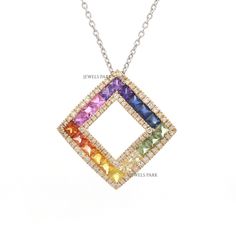 Rainbow sapphire diamond pendant necklace gold | Natural multi sapphire pendant choker gold | Rainbow ombre charm pendant gold GEMSTONE DETAILS : ✦ Gemstone : Rainbow Sapphire ✦ Gemstone Type : Natural ✦ Gemstone Size : 3x3MM ✦ Gemstone Shape :Princess Cut ✦ Number of Gemstones : 20 ✦ Gemstone Weight : 2.10 carats ✦ Gemstone Grade : AAA DIAMOND DETAILS : ✦ Diamond Type : Natural ✦ Diamond Size : 1.00 mm ✦ Diamond Color : F-G ✦ Diamond Clarity : Slightly included ✦ Diamond Cut : Excellent - Very Rainbow Diamond Jewelry Gift, Sapphire Diamond Pendant, Diamond Princess, Rainbow Ombre, Choker Gold, Rainbow Sapphires, Pendant Necklace Gold, Multi Sapphire, Rainbow Jewelry