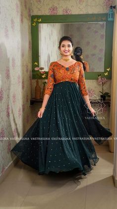 Dress For House Warming, Latest Long Frock Designs 2024, Net Fabric Frock Design, Silk Long Dress Indian Style, Green Gown Design, Kalamkari Churidar Designs, Long Frock Neck Designs For Women, Kalamkari Frocks For Women, Long Frock Models For Women