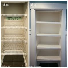 two pictures side by side showing the inside and outside of a refrigerator with shelves on both sides